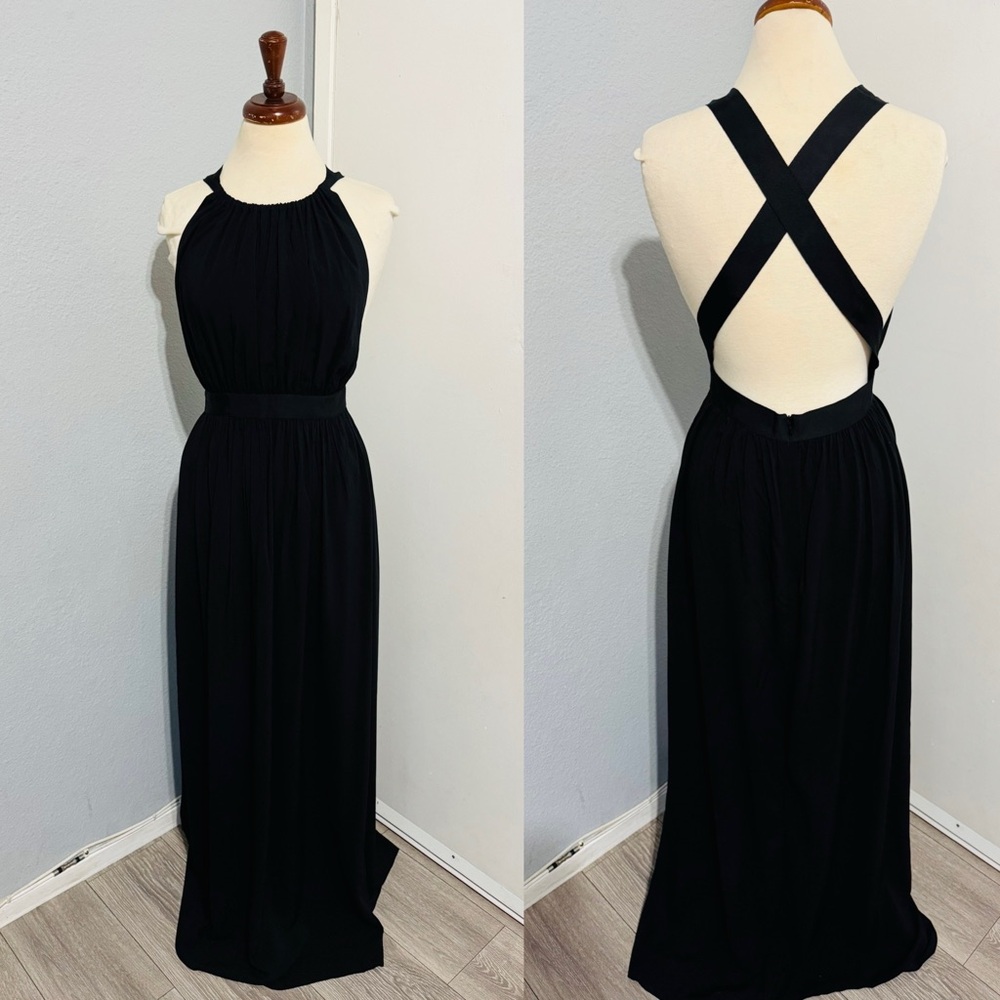 Theory Women Black Brona Luxury Prom Cross-Back Halter Neck Maxi Dress Size 4